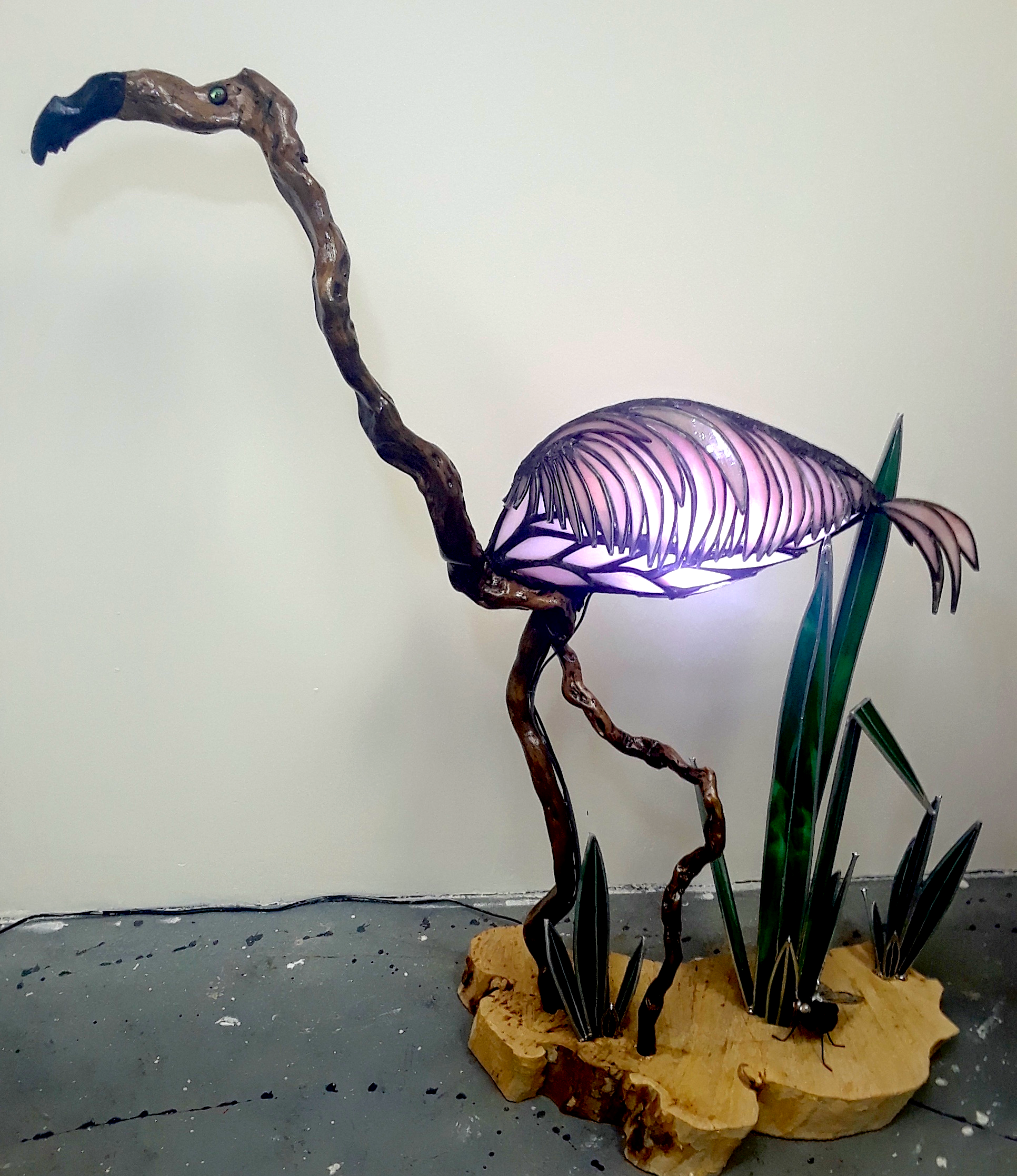 unique stained glass, pink flamingo, stained glass, wood sculpture, weird lamp