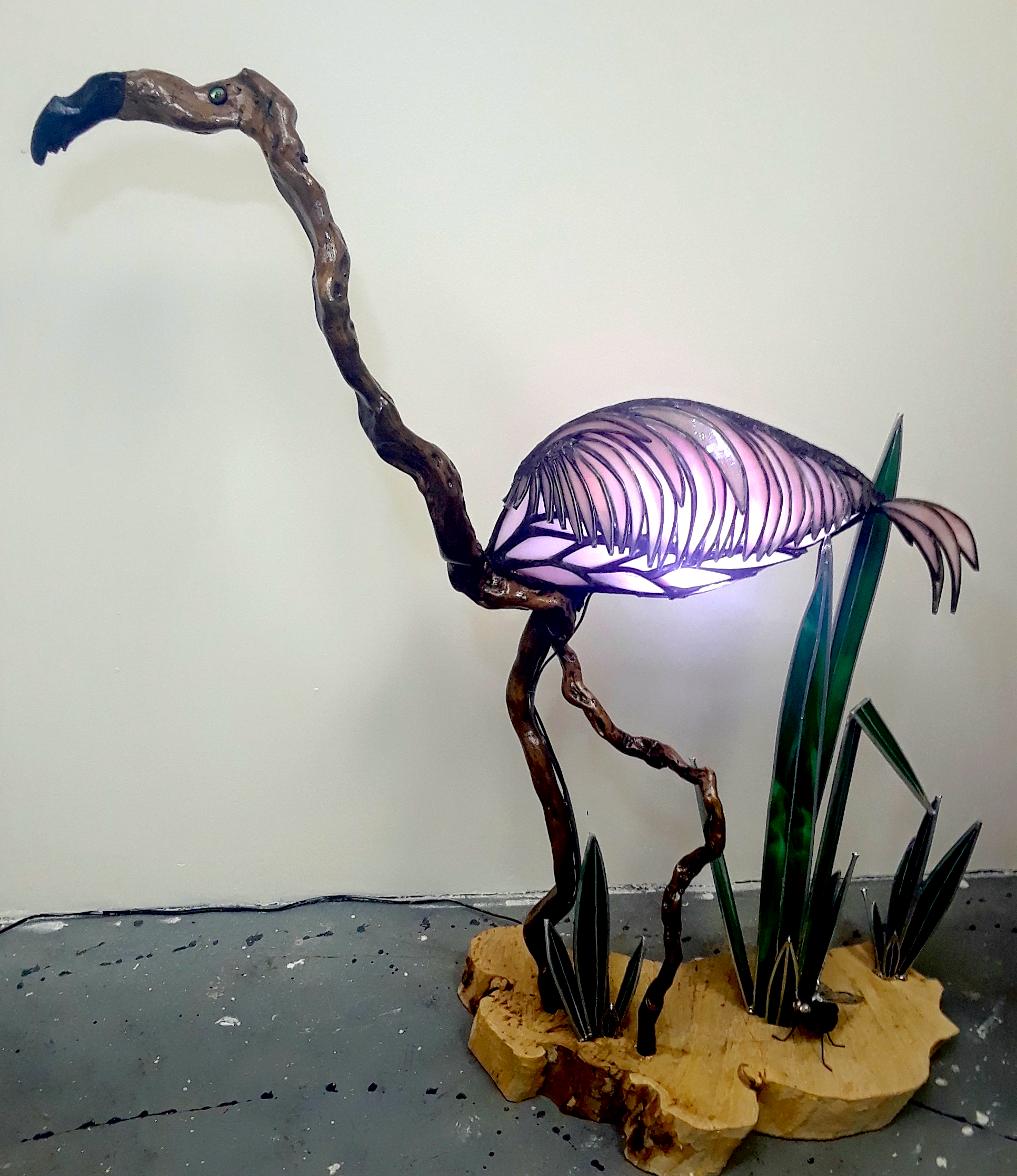 unique stained glass, pink flamingo, stained glass, wood sculpture, unique art, original art, unique stained glass, stained glass, weird lamp